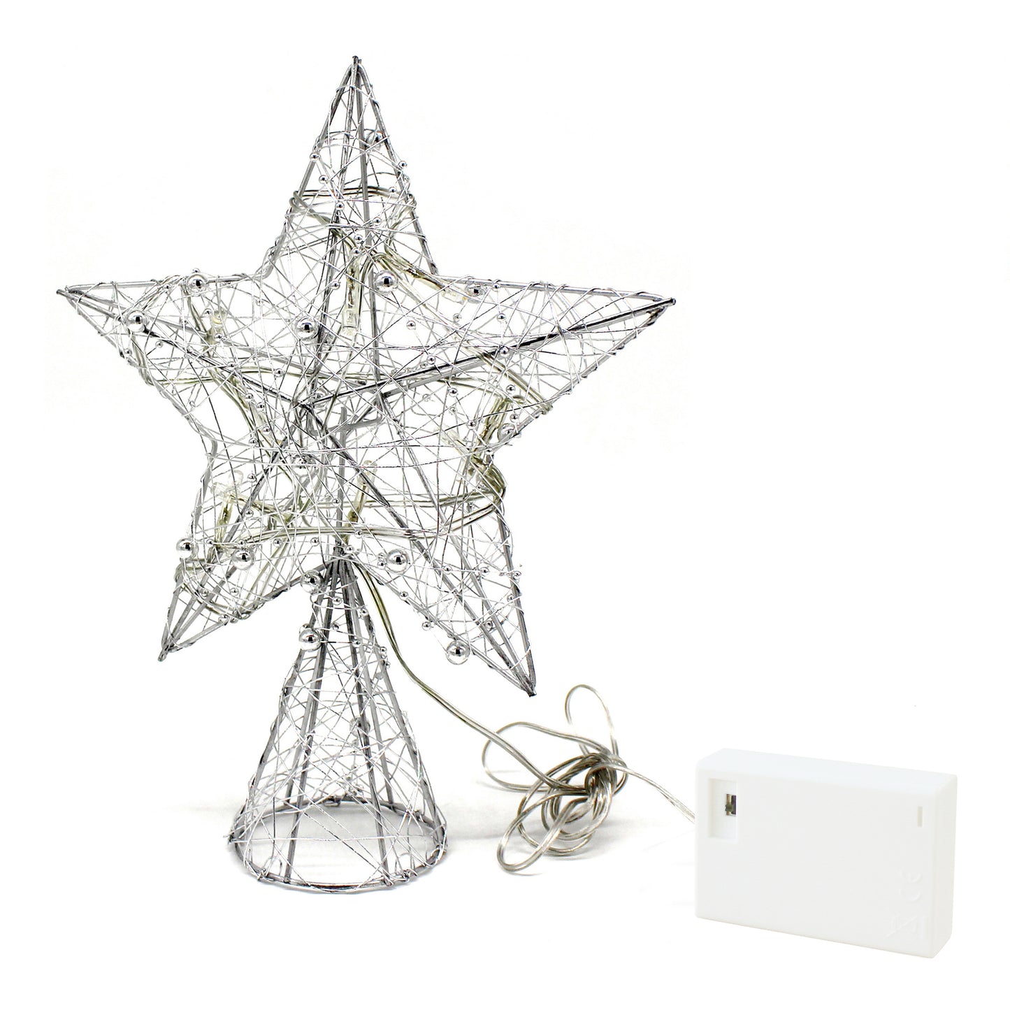 CVHOMEDECO. Silver Wire Woven Tree Top Star with Bright White LED Lights and Timer for Christmas Ornaments and Holiday Seasonal Décor, 8 x 10 Inch