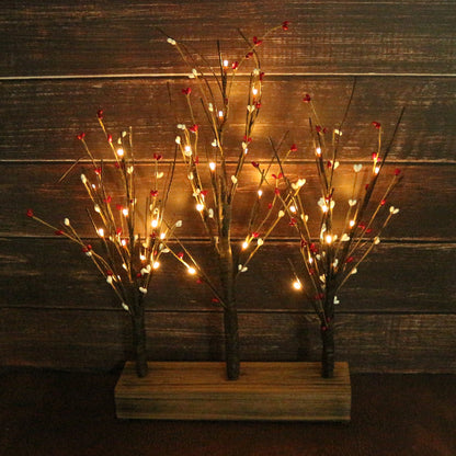 CVHOMEDECO. Battery Operated w/Timer Illuminated Pip Berry Tree Centerpiece Lighted Three Trees Tabletop LED Lights with Rustic Wooden base, For Home/Party/Wedding/Festival/Indoor Decoration, 21 Inch