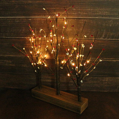 CVHOMEDECO. Battery Operated w/Timer Illuminated Pip Berry Tree Centerpiece Lighted Three Trees Tabletop LED Lights with Rustic Wooden base, For Home/Party/Wedding/Festival/Indoor Decoration, 21 Inch