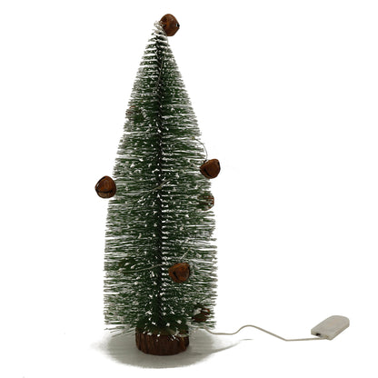 CVHOMEDECO. Tabletop Mini Artificial Christmas Tree with Rusty Bells and Warm White LED Lights for Christmas Ornaments and Holiday Seasonal Décor, 12.5 Inch