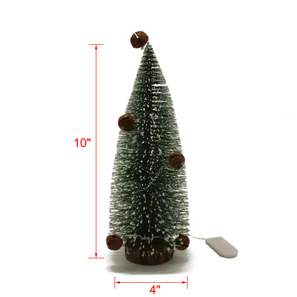 CVHOMEDECO. Tabletop Mini Artificial Christmas Tree with Rusty Bells and Warm White LED Lights for Christmas Ornaments and Holiday Seasonal Décor, 10 Inch