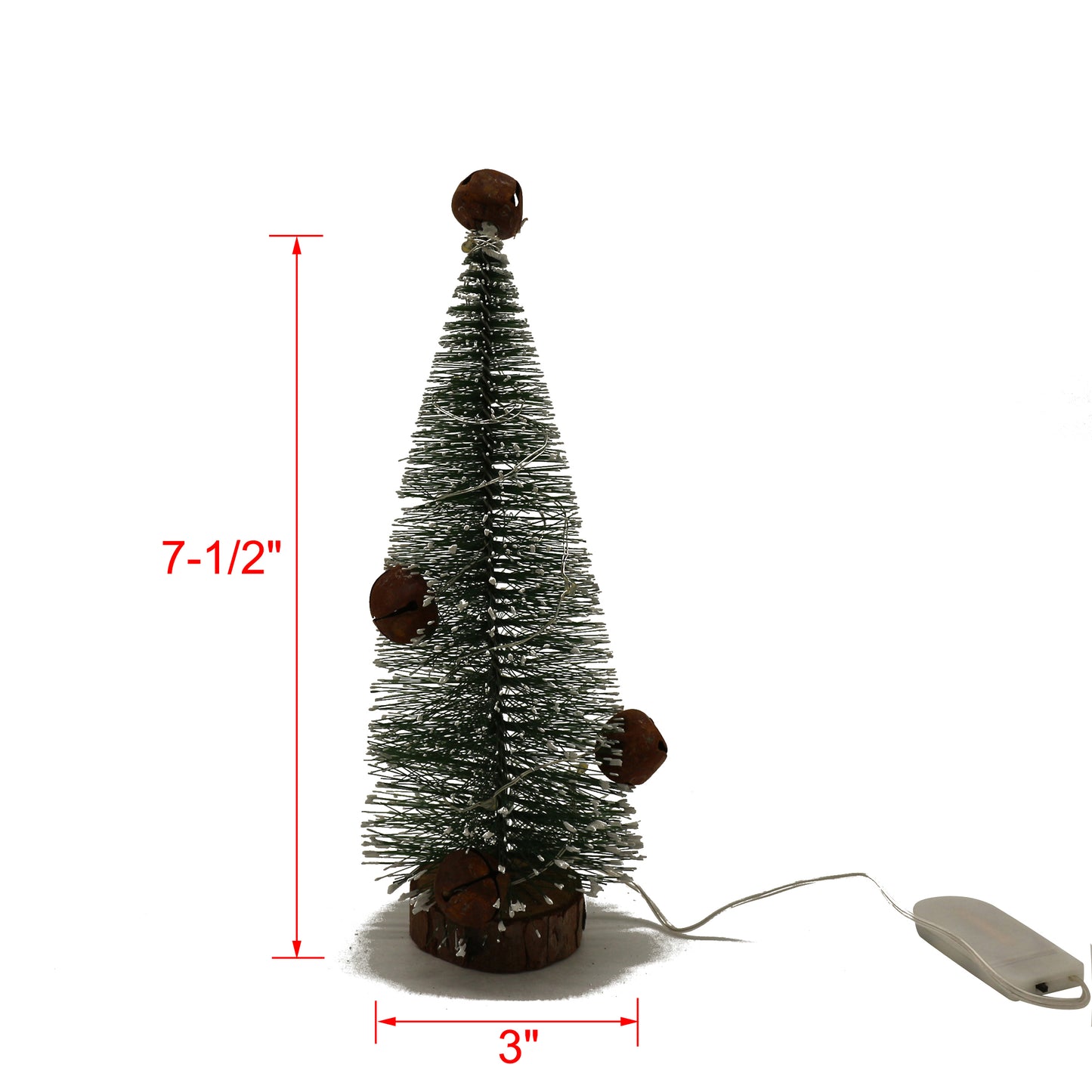 CVHOMEDECO. Tabletop Mini Artificial Christmas Tree with Rusty Bells and Warm White LED Lights for Christmas Ornaments and Holiday Seasonal Décor, 7.5 Inch