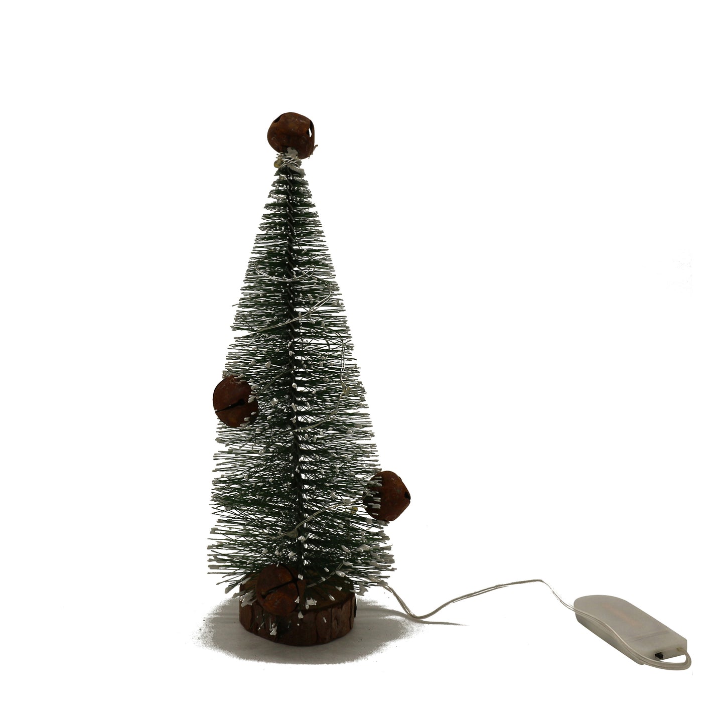 CVHOMEDECO. Tabletop Mini Artificial Christmas Tree with Rusty Bells and Warm White LED Lights for Christmas Ornaments and Holiday Seasonal Décor, 7.5 Inch