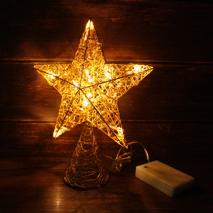 CVHOMEDECO. Gold Tree Top Star with Warm White LED Lights and Timer for Christmas Tree Decoration and Holiday Seasonal Décor, 8 x 10 Inch