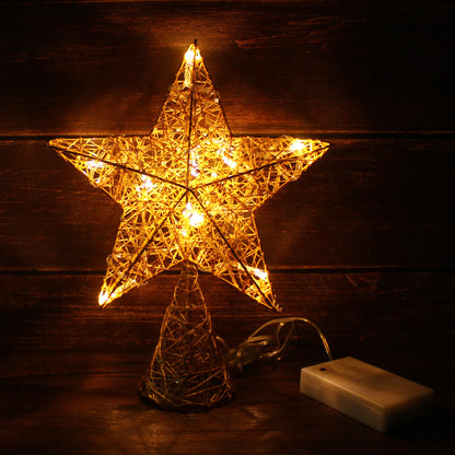 CVHOMEDECO. Gold Tree Top Star with Warm White LED Lights and Timer for Christmas Tree Decoration and Holiday Seasonal Décor, 8 x 10 Inch