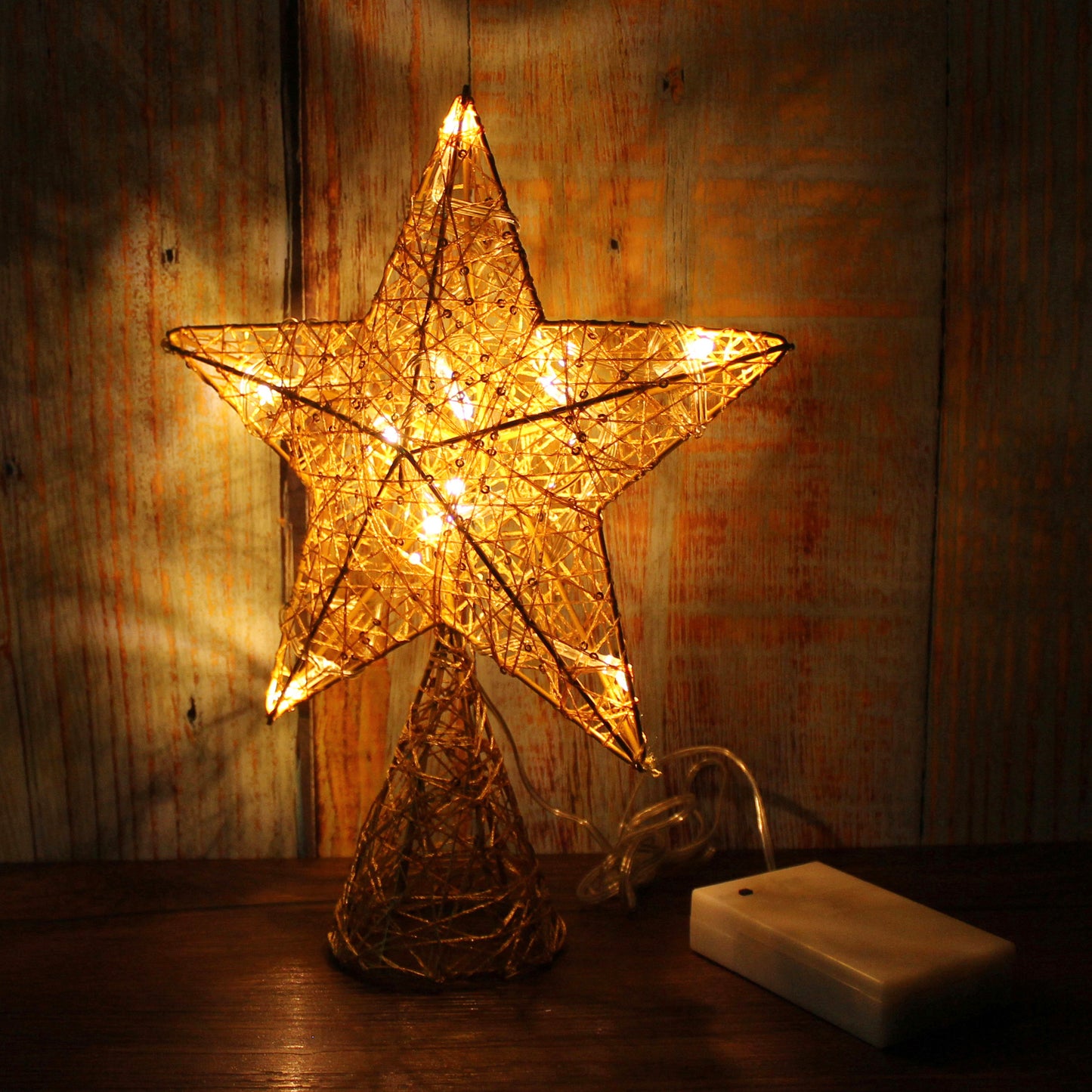 CVHOMEDECO. Gold Tree Top Star with Warm White LED Lights and Timer for Christmas Tree Decoration and Holiday Seasonal Décor, 8 x 10 Inch