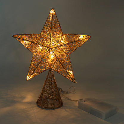 CVHOMEDECO. Gold Tree Top Star with Warm White LED Lights and Timer for Christmas Tree Decoration and Holiday Seasonal Décor, 8 x 10 Inch