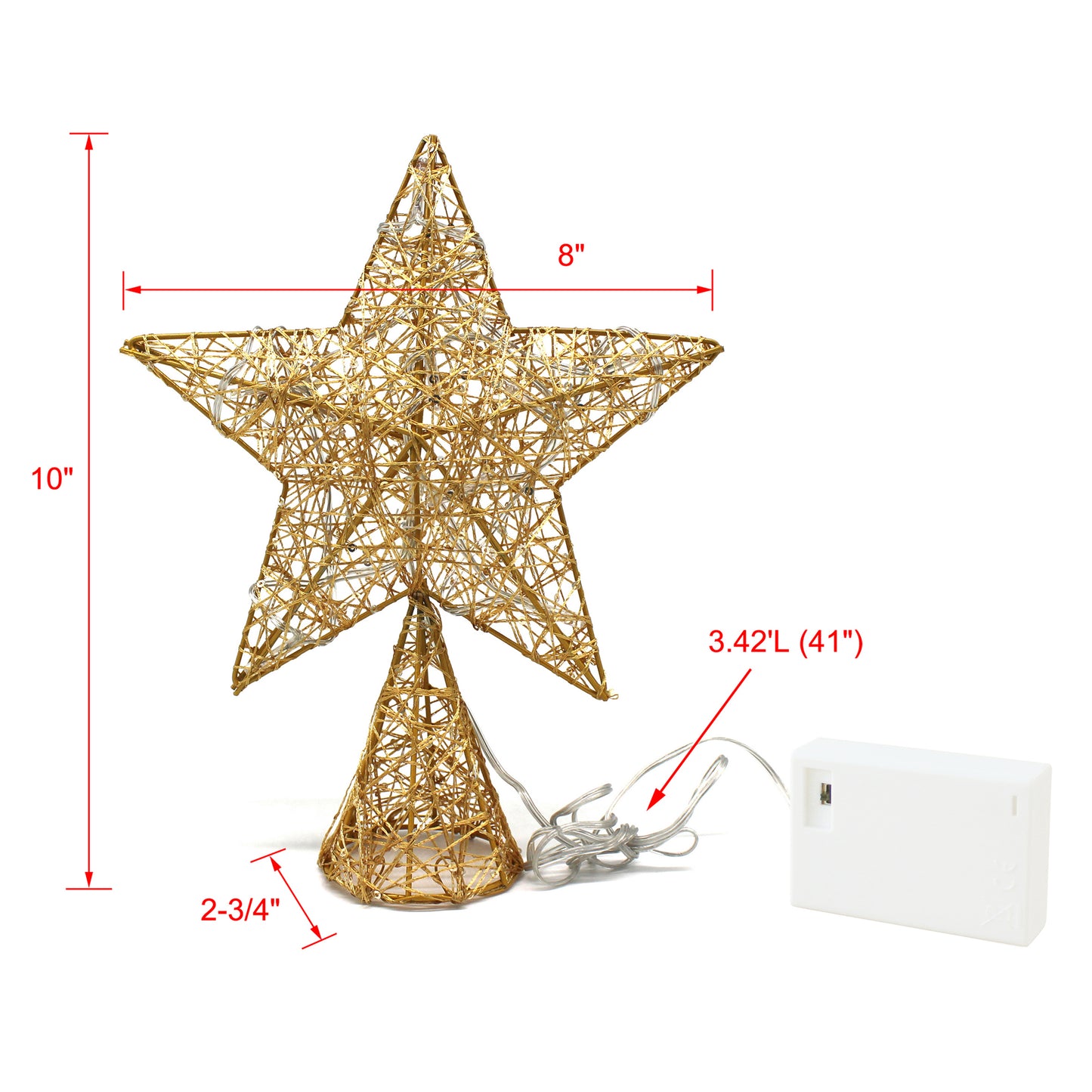 CVHOMEDECO. Gold Tree Top Star with Warm White LED Lights and Timer for Christmas Tree Decoration and Holiday Seasonal Décor, 8 x 10 Inch