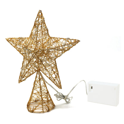 CVHOMEDECO. Gold Tree Top Star with Warm White LED Lights and Timer for Christmas Tree Decoration and Holiday Seasonal Décor, 8 x 10 Inch