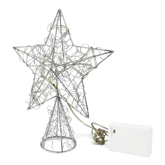 CVHOMEDECO. Silver Wire Twine Tree Top Star with Bright White LED Lights and Timer for Christmas Ornaments and Holiday Seasonal Décor, 8 x 10 Inch