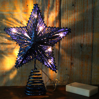 CVHOMEDECO. Blue Glittered 3D Tree Top Star with Warm White LED Lights and timer for Christmas Tree Decoration and Holiday Seasonal Décor, 8 x 10 Inch