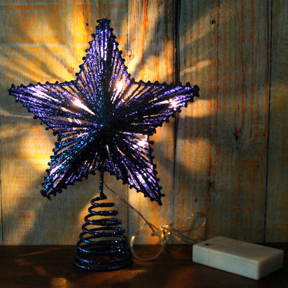 CVHOMEDECO. Blue Glittered 3D Tree Top Star with Warm White LED Lights and timer for Christmas Tree Decoration and Holiday Seasonal Décor, 8 x 10 Inch