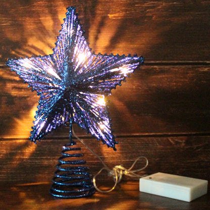 CVHOMEDECO. Blue Glittered 3D Tree Top Star with Warm White LED Lights and timer for Christmas Tree Decoration and Holiday Seasonal Décor, 8 x 10 Inch