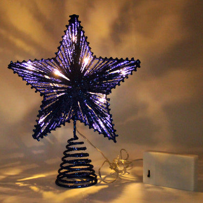 CVHOMEDECO. Blue Glittered 3D Tree Top Star with Warm White LED Lights and timer for Christmas Tree Decoration and Holiday Seasonal Décor, 8 x 10 Inch