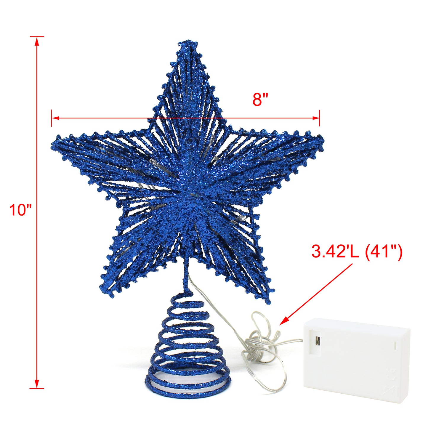 CVHOMEDECO. Blue Glittered 3D Tree Top Star with Warm White LED Lights and timer for Christmas Tree Decoration and Holiday Seasonal Décor, 8 x 10 Inch