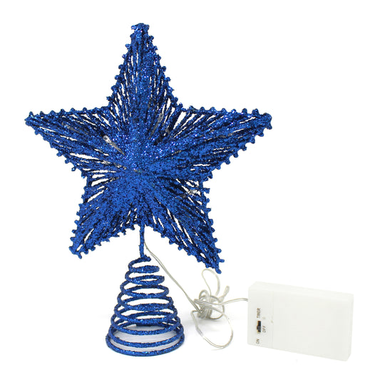 CVHOMEDECO. Blue Glittered 3D Tree Top Star with Warm White LED Lights and timer for Christmas Tree Decoration and Holiday Seasonal Décor, 8 x 10 Inch