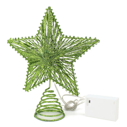 CVHOMEDECO. Green Glittered 3D Tree Top Star with Warm White LED Lights and timer for Christmas Tree Decoration and Holiday Seasonal Décor, 8 x 10 Inch