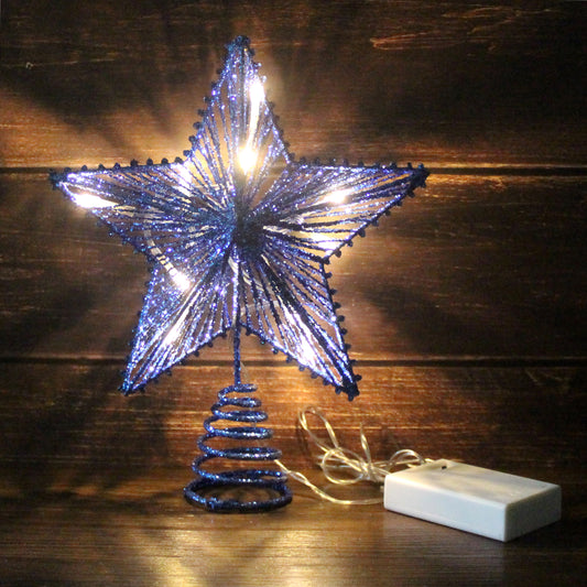 CVHOMEDECO. Light Blue Glittered 3D Tree Top Star with Warm White LED Lights and timer for Christmas Tree Decoration and Holiday Seasonal Décor, 8 x 10 Inch