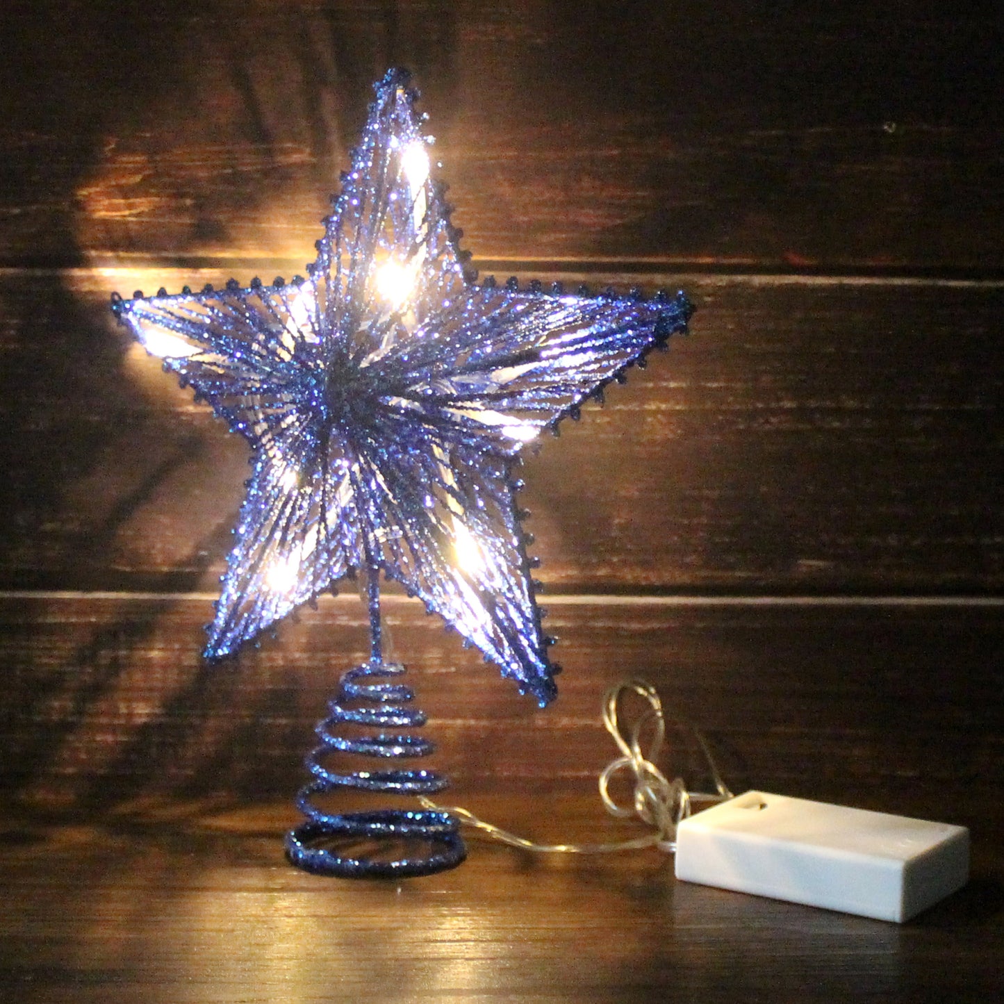 CVHOMEDECO. Light Blue Glittered 3D Tree Top Star with Warm White LED Lights and timer for Christmas Tree Decoration and Holiday Seasonal Décor, 8 x 10 Inch