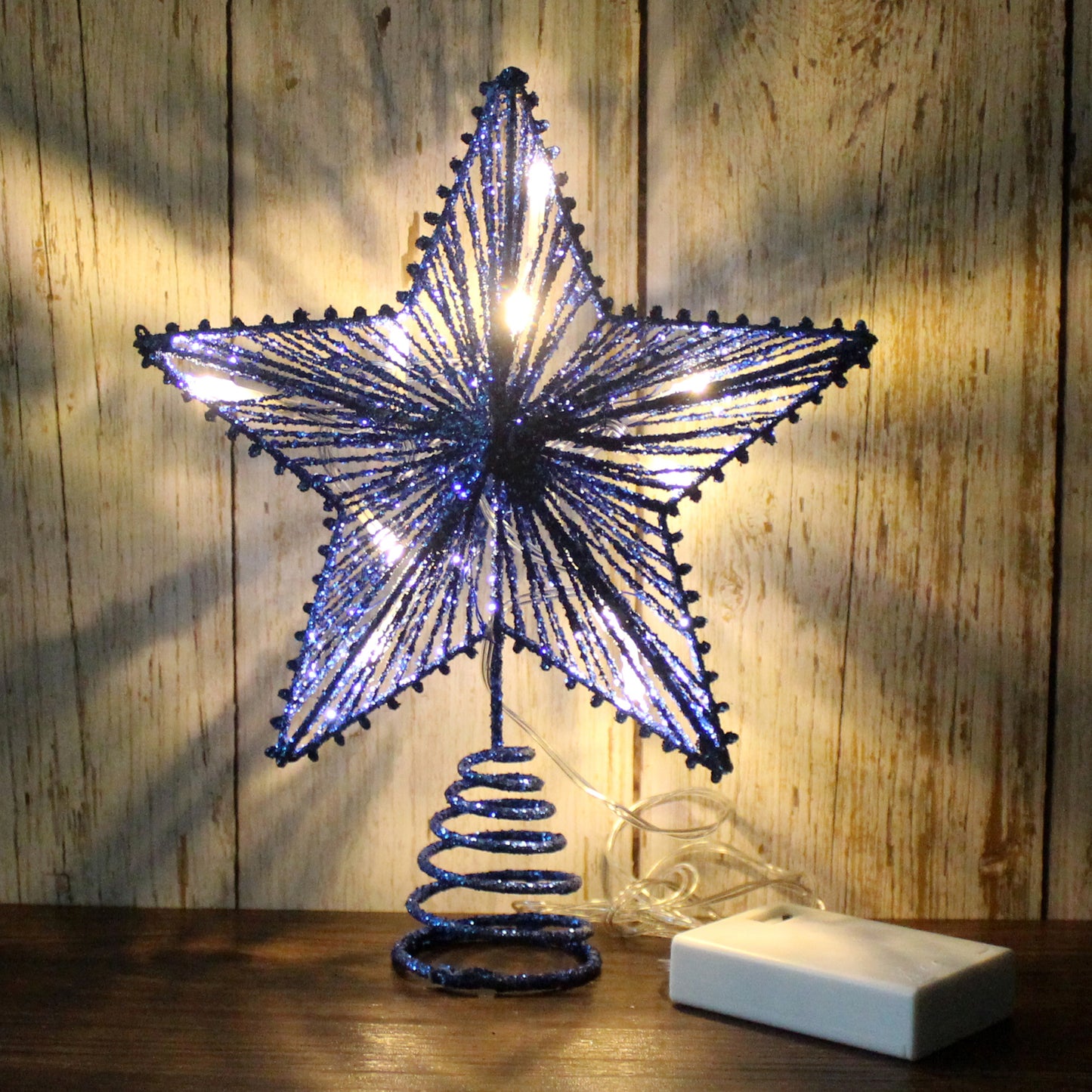 CVHOMEDECO. Light Blue Glittered 3D Tree Top Star with Warm White LED Lights and timer for Christmas Tree Decoration and Holiday Seasonal Décor, 8 x 10 Inch