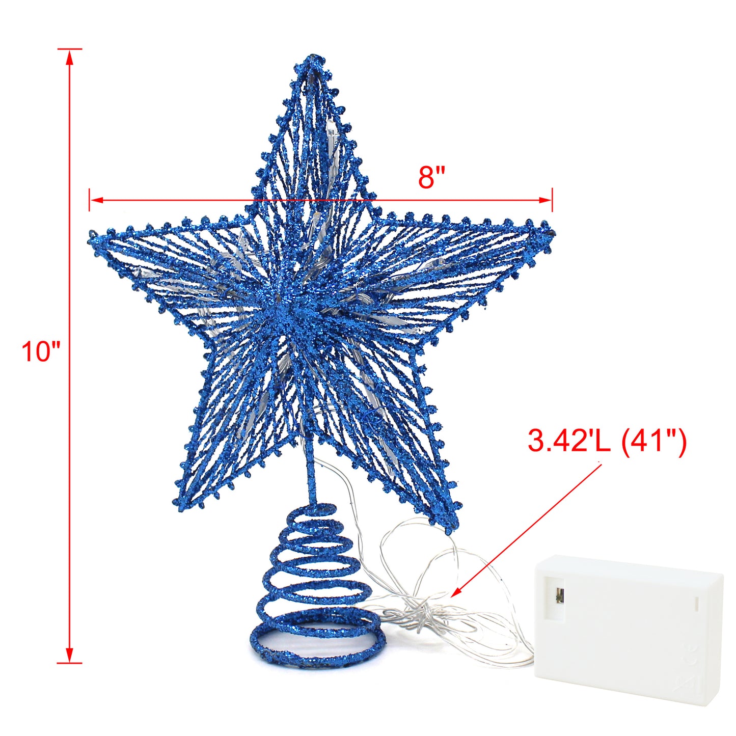 CVHOMEDECO. Light Blue Glittered 3D Tree Top Star with Warm White LED Lights and timer for Christmas Tree Decoration and Holiday Seasonal Décor, 8 x 10 Inch