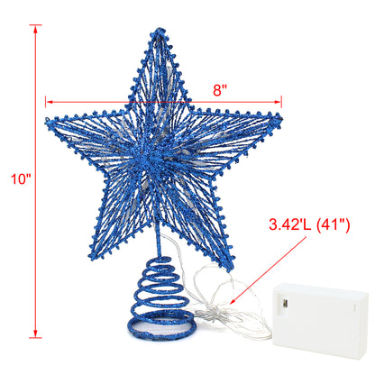 CVHOMEDECO. Light Blue Glittered 3D Tree Top Star with Warm White LED Lights and timer for Christmas Tree Decoration and Holiday Seasonal Décor, 8 x 10 Inch