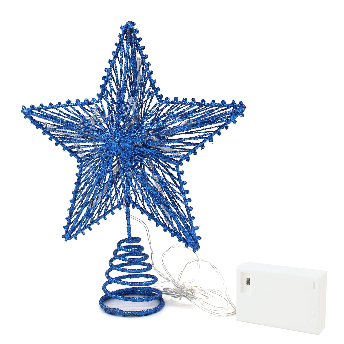 CVHOMEDECO. Light Blue Glittered 3D Tree Top Star with Warm White LED Lights and timer for Christmas Tree Decoration and Holiday Seasonal Décor, 8 x 10 Inch