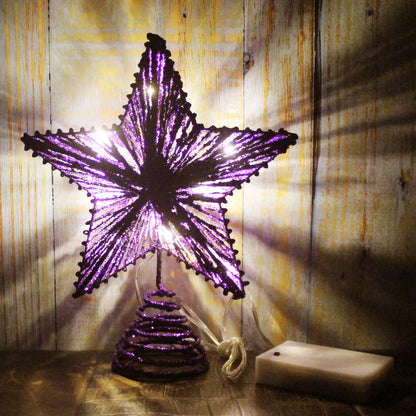 CVHOMEDECO. Purple Glittered 3D Tree Top Star with Warm White LED Lights and timer for Christmas Tree Decoration and Holiday Seasonal Décor, 8 x 10 Inch