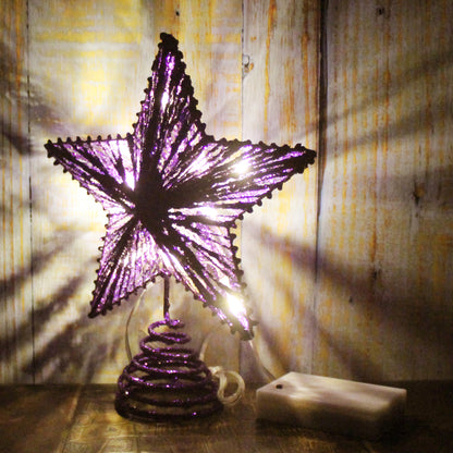 CVHOMEDECO. Purple Glittered 3D Tree Top Star with Warm White LED Lights and timer for Christmas Tree Decoration and Holiday Seasonal Décor, 8 x 10 Inch