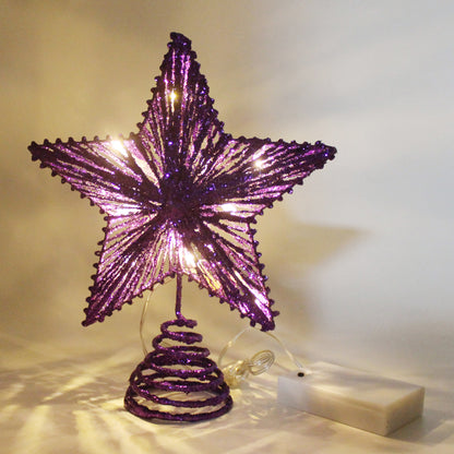 CVHOMEDECO. Purple Glittered 3D Tree Top Star with Warm White LED Lights and timer for Christmas Tree Decoration and Holiday Seasonal Décor, 8 x 10 Inch