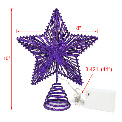 CVHOMEDECO. Purple Glittered 3D Tree Top Star with Warm White LED Lights and timer for Christmas Tree Decoration and Holiday Seasonal Décor, 8 x 10 Inch