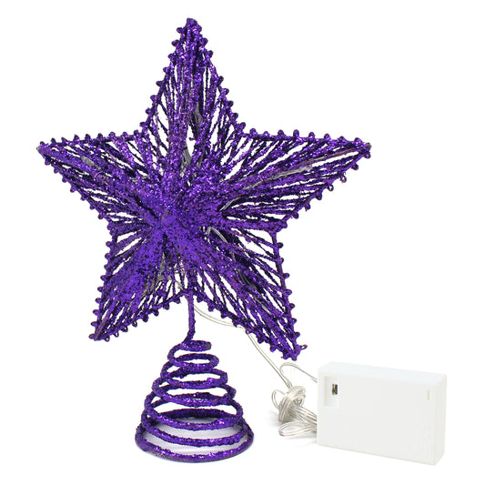 CVHOMEDECO. Purple Glittered 3D Tree Top Star with Warm White LED Lights and timer for Christmas Tree Decoration and Holiday Seasonal Décor, 8 x 10 Inch