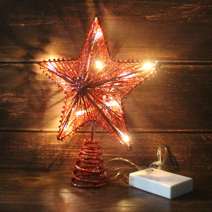 CVHOMEDECO. Red Glittered 3D Tree Top Star with Warm White LED Lights and timer for Christmas Tree Decoration and Holiday Seasonal Décor, 8 x 10 Inch