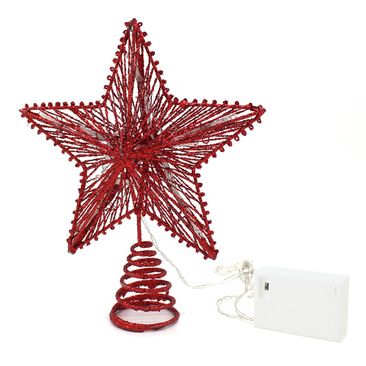 CVHOMEDECO. Red Glittered 3D Tree Top Star with Warm White LED Lights and timer for Christmas Tree Decoration and Holiday Seasonal Décor, 8 x 10 Inch