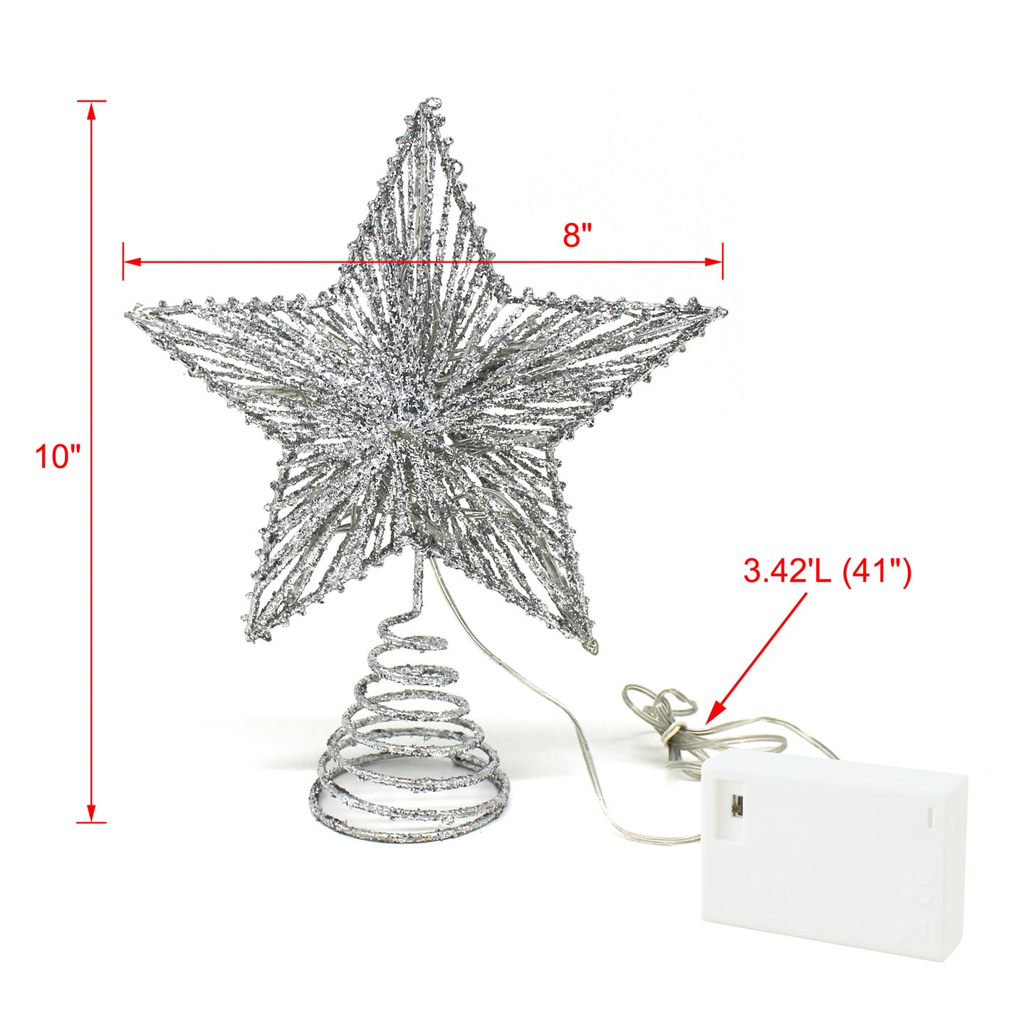 CVHOMEDECO. Silver Glittered 3D Tree Top Star with Warm White LED Lights and timer for Christmas Tree Decoration and Holiday Seasonal Décor, 8 x 10 Inch
