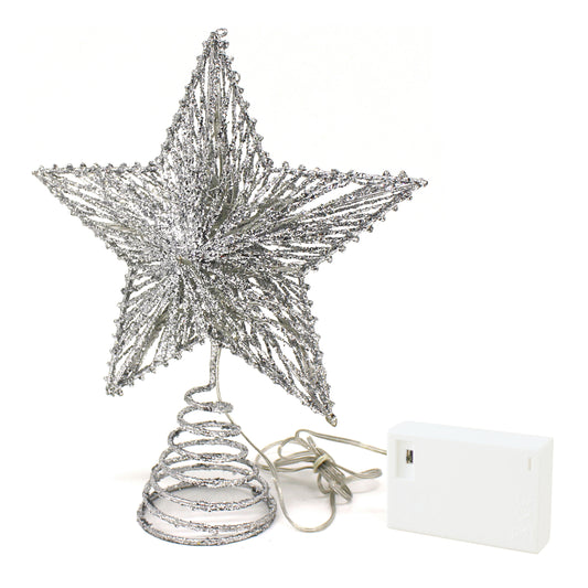 CVHOMEDECO. Silver Glittered 3D Tree Top Star with Warm White LED Lights and timer for Christmas Tree Decoration and Holiday Seasonal Décor, 8 x 10 Inch