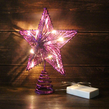 CVHOMEDECO. Violet Glittered 3D Tree Top Star with Warm White LED Lights and timer for Christmas Tree Decoration and Holiday Seasonal Décor, 8 x 10 Inch