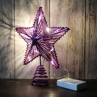 CVHOMEDECO. Violet Glittered 3D Tree Top Star with Warm White LED Lights and timer for Christmas Tree Decoration and Holiday Seasonal Décor, 8 x 10 Inch