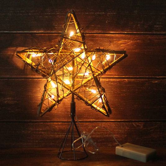 CVHOMEDECO. Rattan Natural Tree Top Star with Warm White LED Lights and timer for Christmas Tree Decoration and Holiday Seasonal Décor, 10 x 13 Inch/15 LEDs