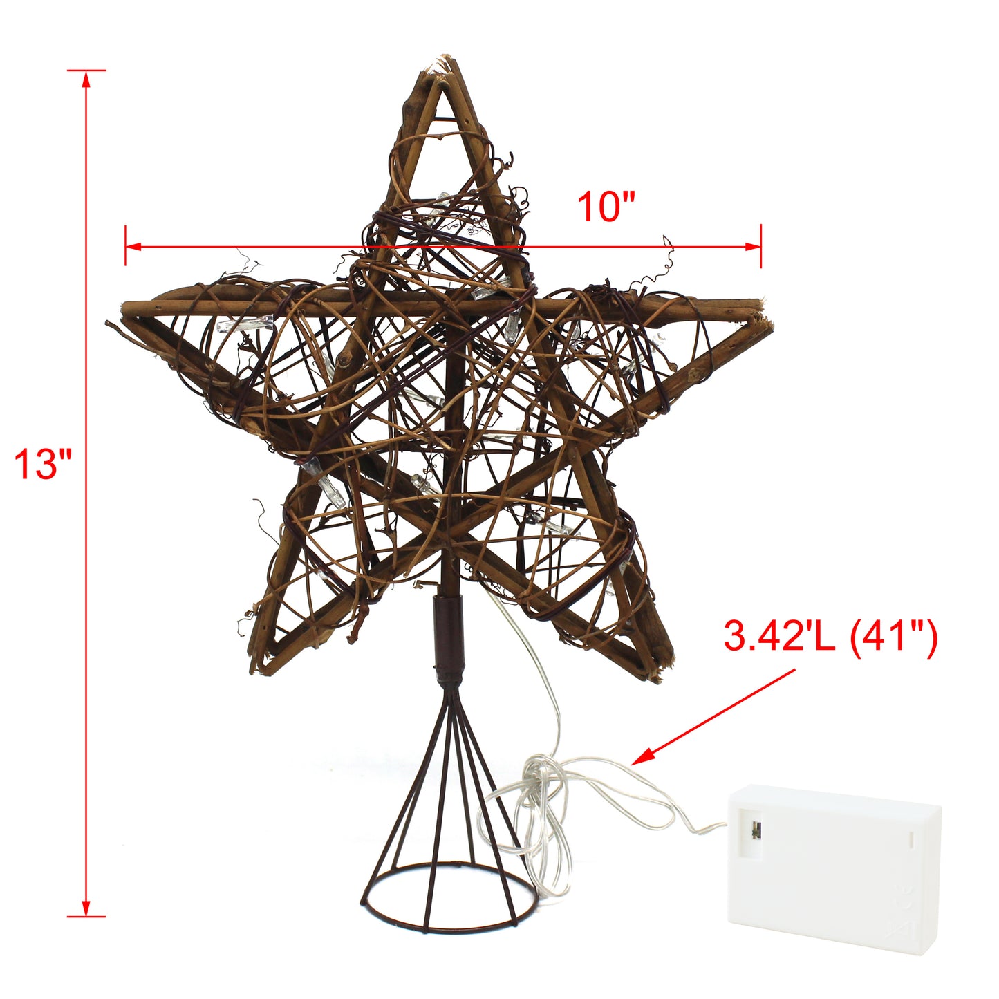 CVHOMEDECO. Rattan Natural Tree Top Star with Warm White LED Lights and timer for Christmas Tree Decoration and Holiday Seasonal Décor, 10 x 13 Inch/15 LEDs
