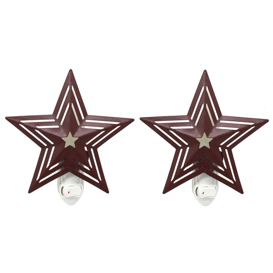 CVHOMEDECO. Metal Barn Star with Punched Stripes Electric Night Light, 7 Watt silicone candle bulb Included, Set of 2. (Burgundy)