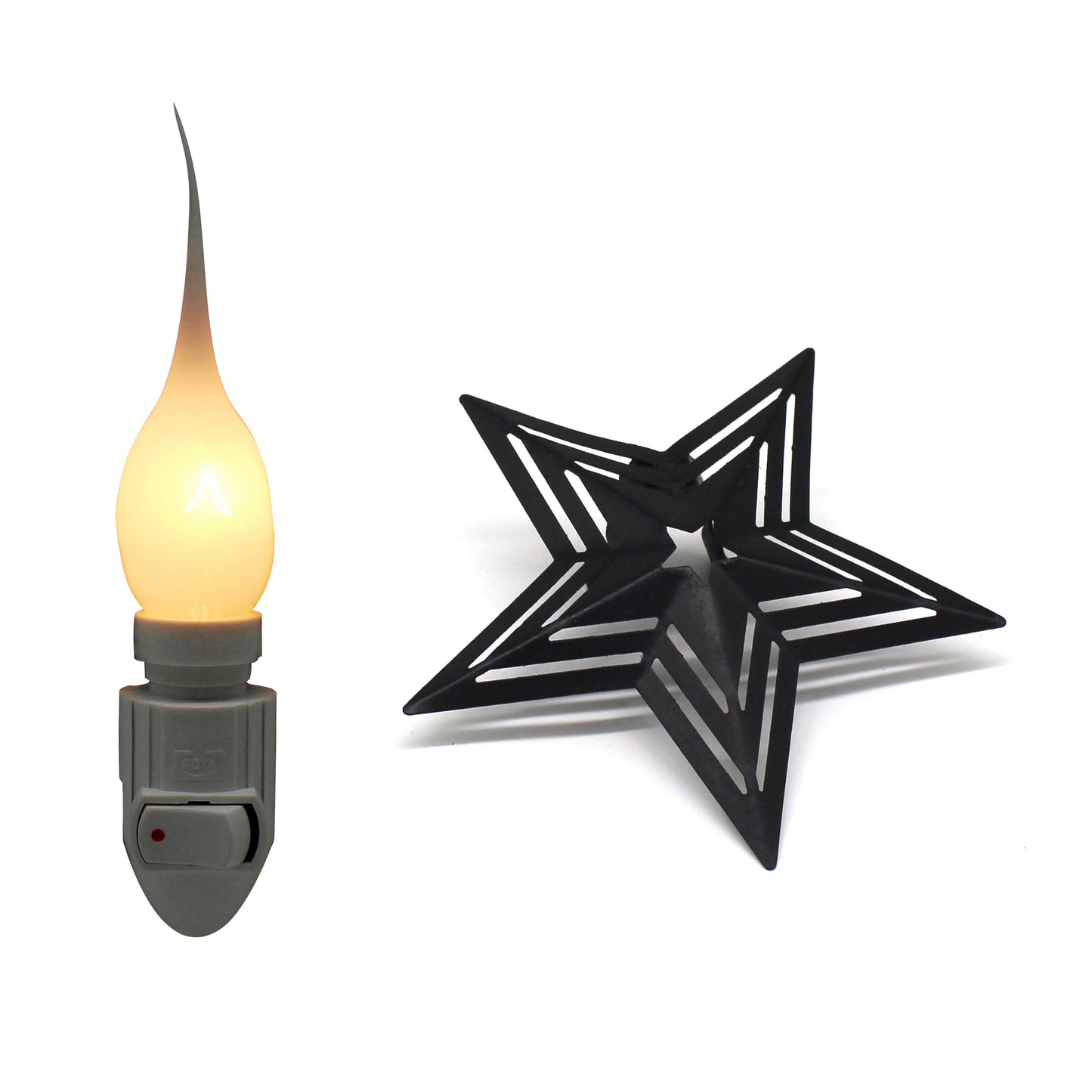 CVHOMEDECO. Metal Barn Star with Punched Stripes Electric Night Light, 7 Watt silicone candle bulb Included, Set of 2. (Black)