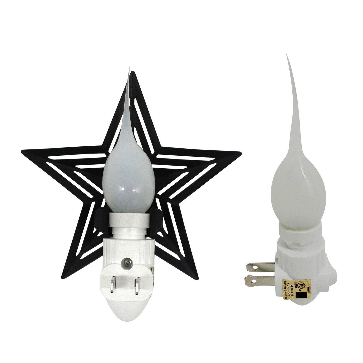 CVHOMEDECO. Metal Barn Star with Punched Stripes Electric Night Light, 7 Watt silicone candle bulb Included, Set of 2. (Black)