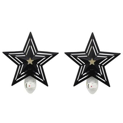 CVHOMEDECO. Metal Barn Star with Punched Stripes Electric Night Light, 7 Watt silicone candle bulb Included, Set of 2. (Black)