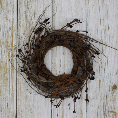 CVHOMEDECO. Primitives Rustic Pip Berries and Twig with Rusty Barn Stars Wreath, 10 Inch, Burgundy