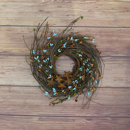 CVHOMEDECO. Primitives Rustic Pip Berries and Twig with Rusty Barn Stars Wreath, 7 Inch, Country Mix