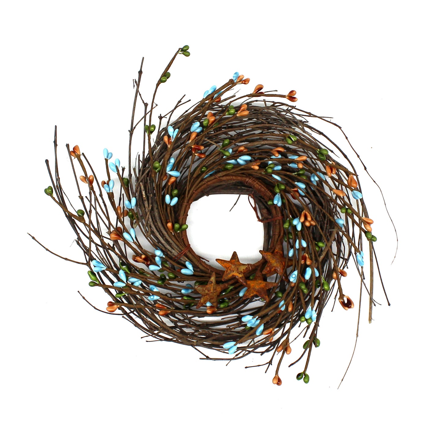 CVHOMEDECO. Primitives Rustic Pip Berries and Twig with Rusty Barn Stars Wreath, 7 Inch, Country Mix