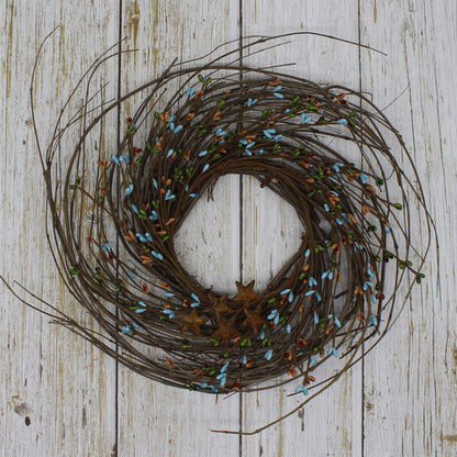 CVHOMEDECO. Primitives Rustic Pip Berries and Twig with Rusty Barn Stars Wreath, 12 Inch, Country Mix