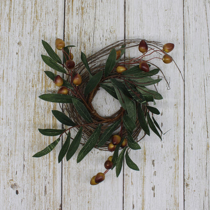 CVHOMEDECO. Rustic Country Artificial Olive branch and Twig Wreath, Year Round Full Green Wreath for Indoor or Outdoor Display, 9 Inch