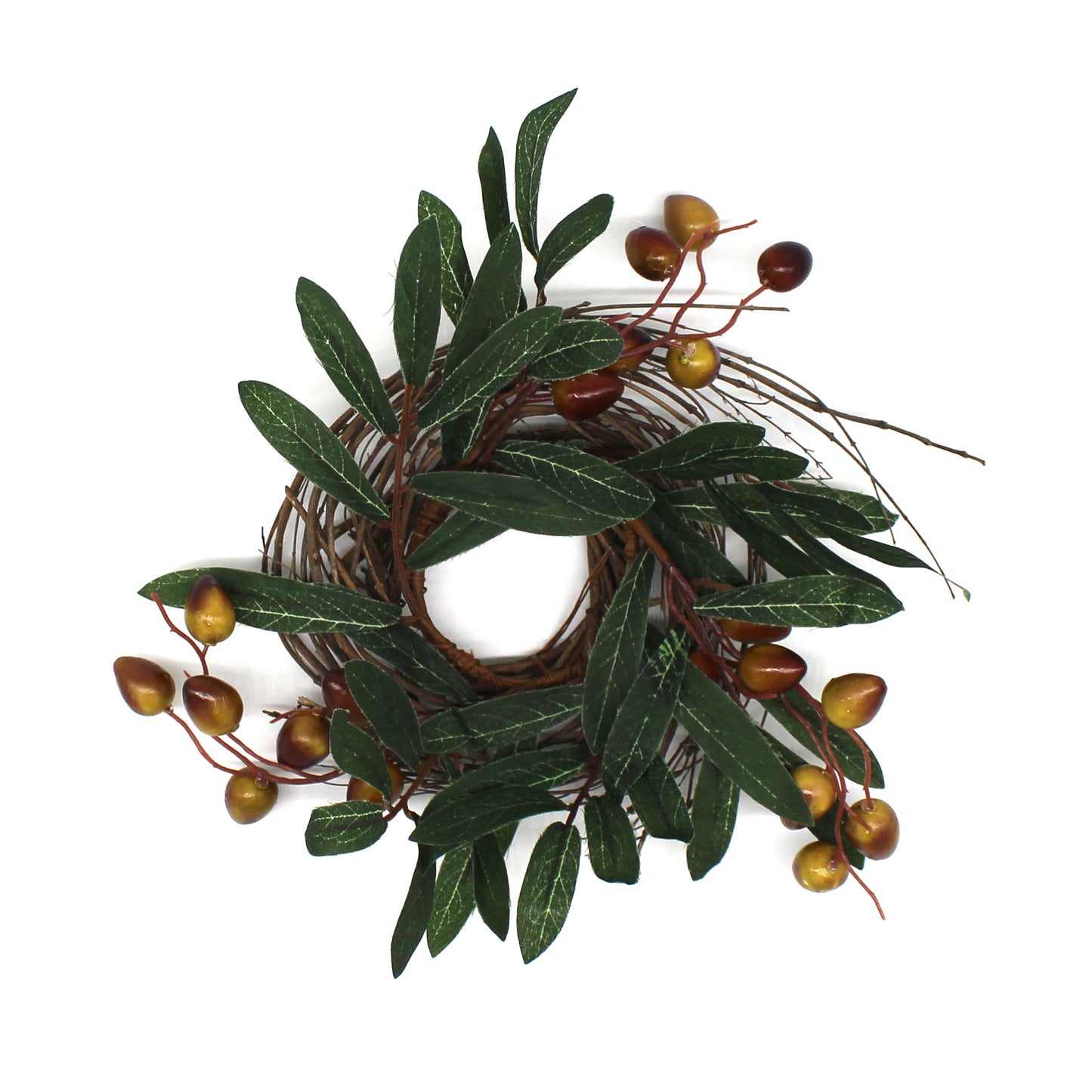 CVHOMEDECO. Rustic Country Artificial Olive branch and Twig Wreath, Year Round Full Green Wreath for Indoor or Outdoor Display, 9 Inch